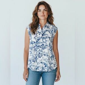 H&M Sleeveless‎ Button Down Top Blue Floral Print Casual Blouse Size Large